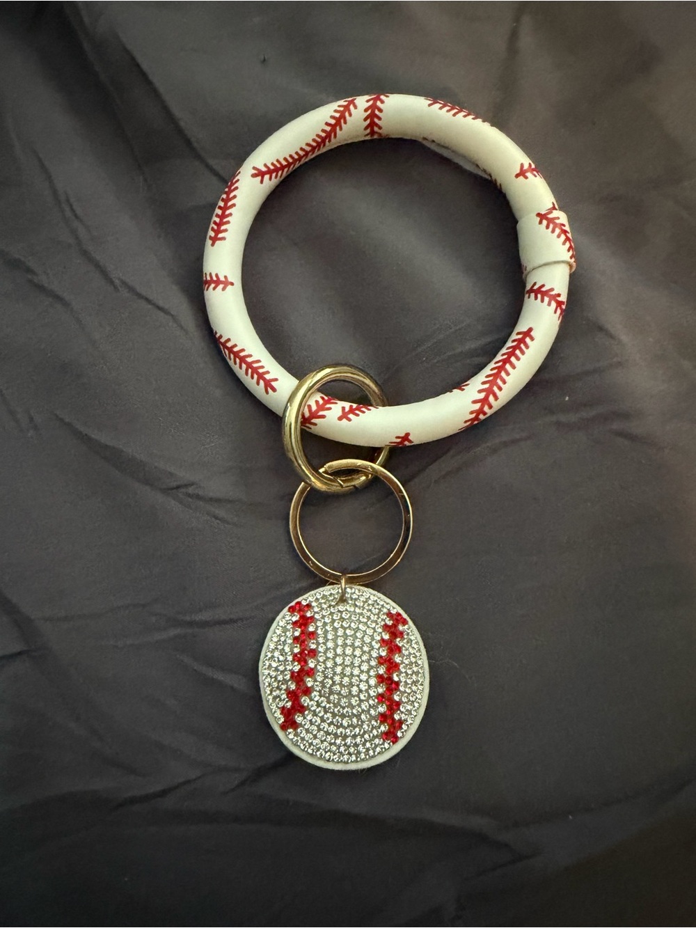 Baseball Stitch Wrist Keyring with Crystal Charm - White & Red